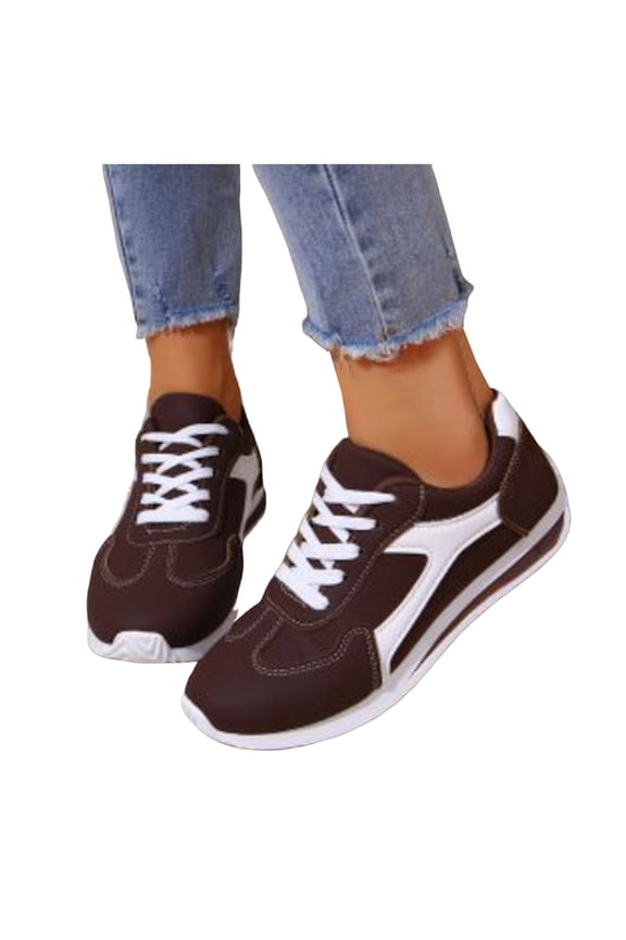 Sneakers for Women Fashion Color Block Leather Lace up Running Shoes Comfy Arch Support Antislip Trainers Athletic Shoes Lightweight Casual Walking Shoes Brown Size 8.5