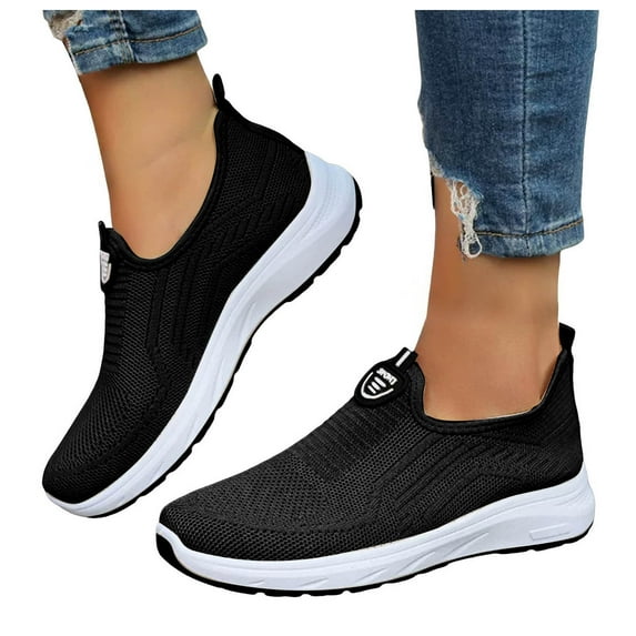 Sneakers for Women Knit Mesh Lightweight Orthopedic Shoes Casual Antislip Soft Sole Slip on Walking Shoes Breathable Daily Workout Athletic Shoes Black Size 7.5