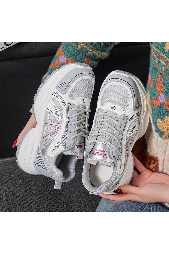 [Sneakers] Women'S Model of Thick-Soled Dad Shoes in Pink And Gray Stripes, Featuring Breathable Mesh And Height-Increasing Design, Perfect for Students And Daily Commuting