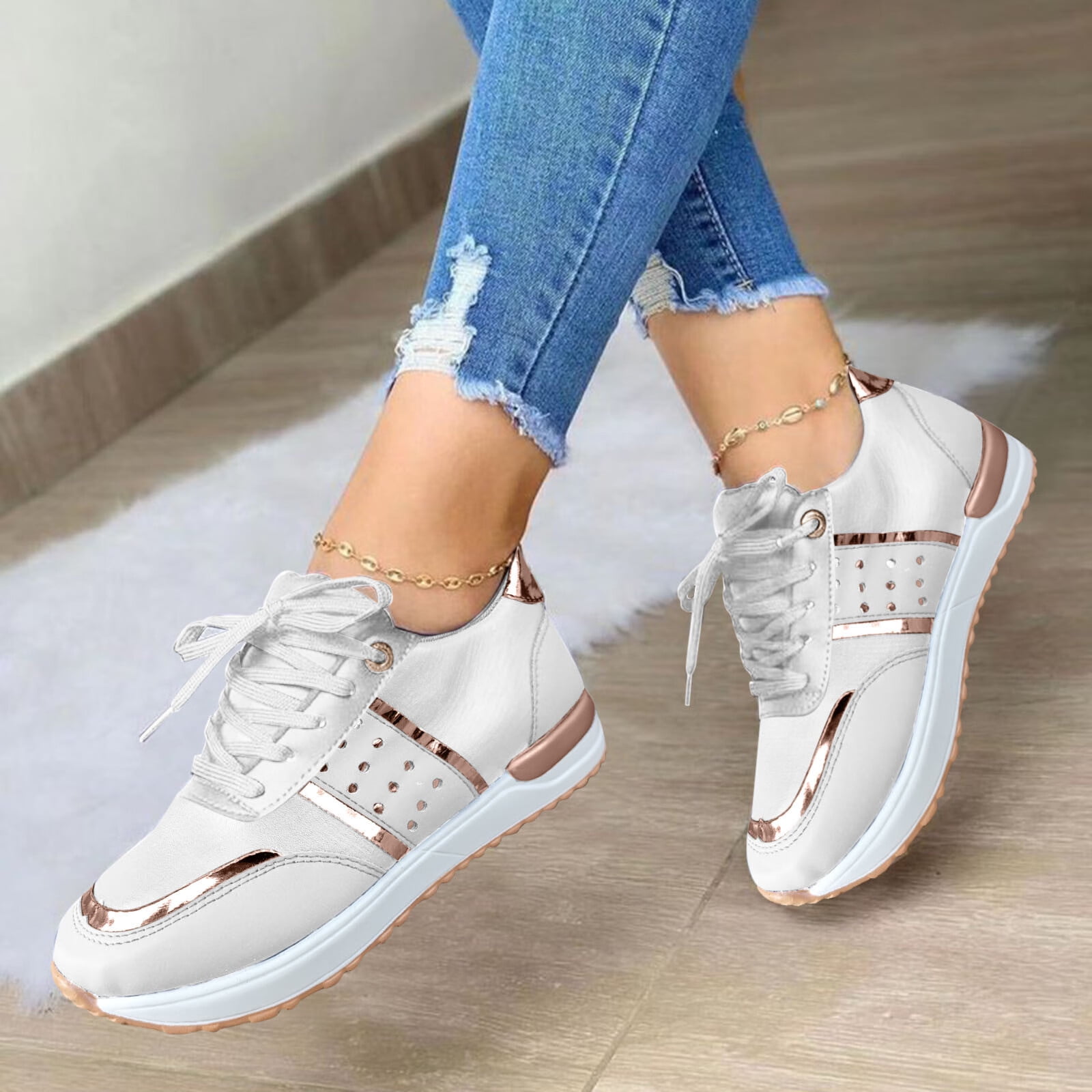 Sneakers Women Women Shoes Round Toe Round Toe Flat Bottom Colorblock Shoes Pu White 38