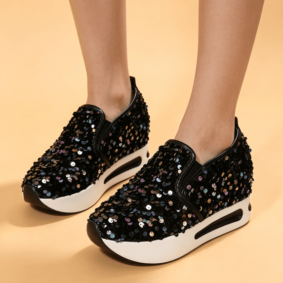 Sneakers for Women, Womens Walking Shoes, Office Shoes, Women's Slip On Mesh Sneakers With Floral Embroidery, Breathable Platform Shoes With Hidden Wedge Heel for Daily Wear, Black US-5/EU-36