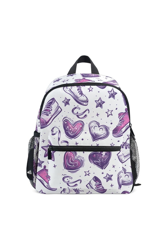 Sneakers and Heart Pattern Mini Backpack Cute Small Backpack with Chest Strap and Whistle Ages 3-8