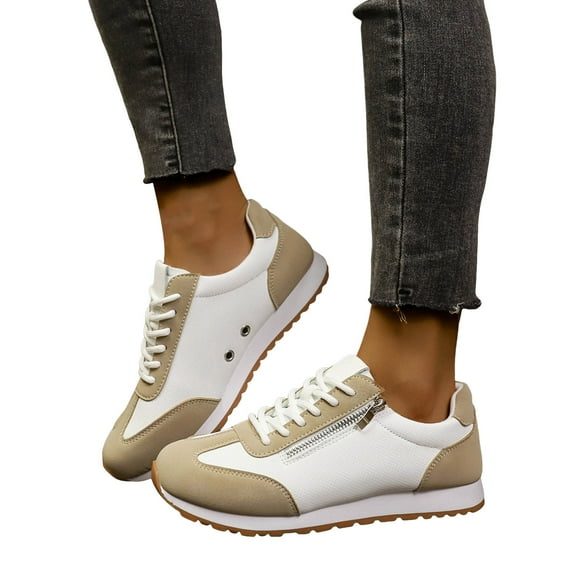 Sneakers for Women Fashion Splice Suede Leather Tennis Shoes Antislip Lace up Zipper Casual Athletic Walking Shoes Khaki Size 8