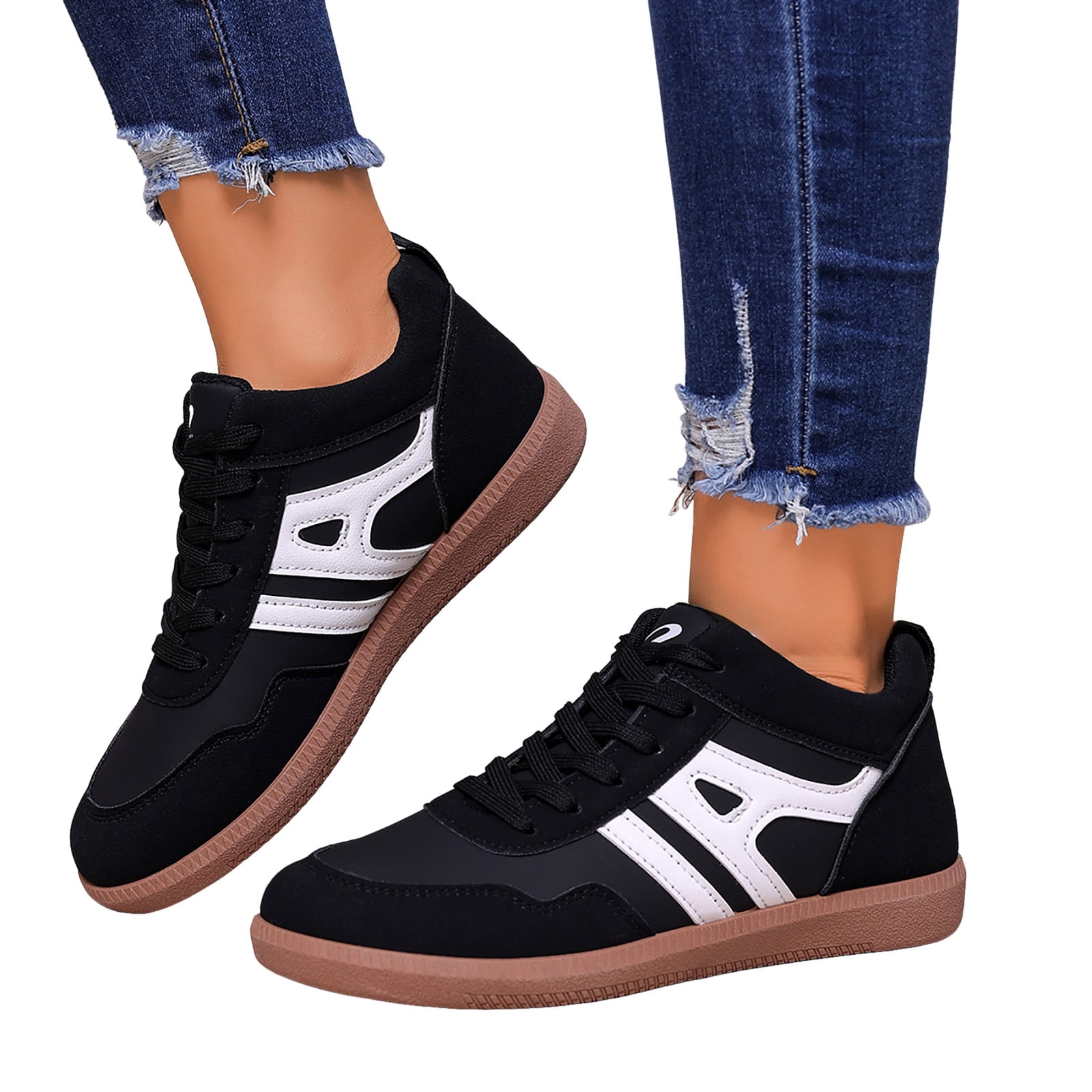 Sneakers for Women Lace up Classic Retro Trainers Tennis Shoes Trendy Splice Suede Flat Walking Shoes Casual Nonslip Footwear Black Size 9.5