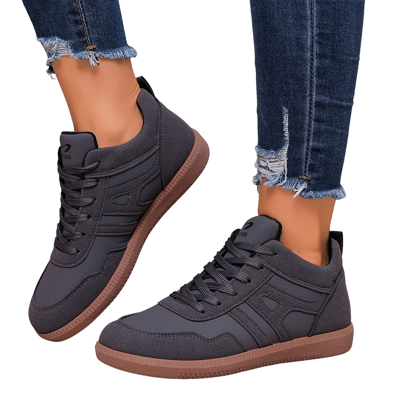 Sneakers for Women Lace up Classic Retro Trainers Tennis Shoes Trendy Splice Suede Flat Walking Shoes Casual Nonslip Footwear Gray Size 6