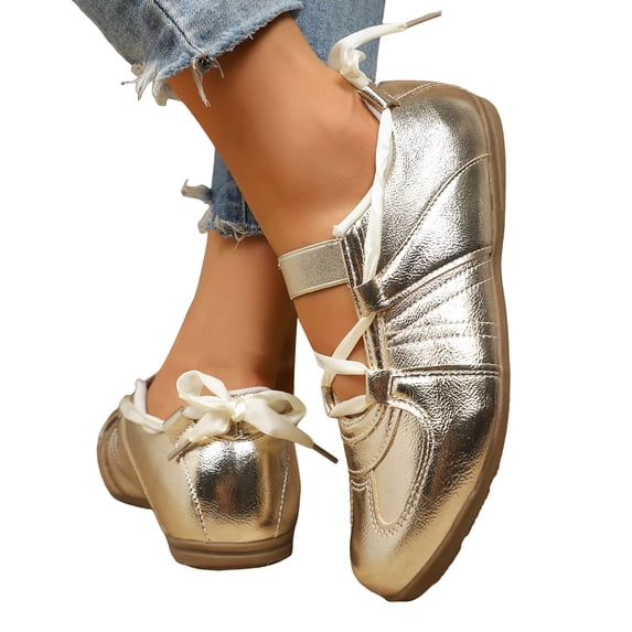Sneakers for Women Shine Leather Lace up Mary Jane Flat Shoes Casual Soft Sole Round Toe Comfortable Walking Shoes Gold Size 7.5
