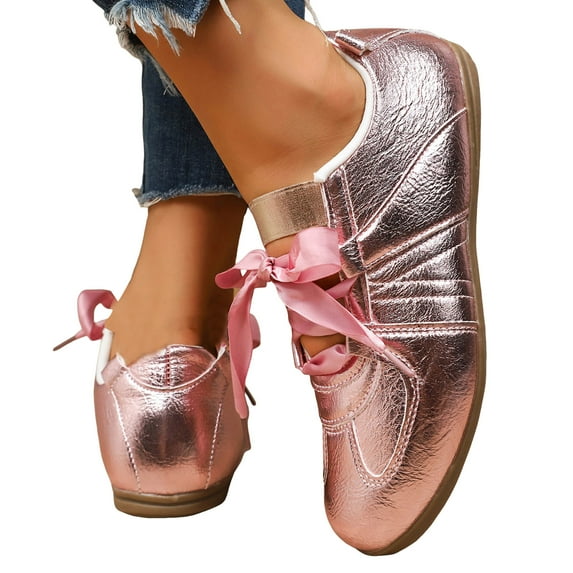 Sneakers for Women Shine Leather Lace up Mary Jane Flat Shoes Casual Soft Sole Round Toe Comfortable Walking Shoes Pink Size 6