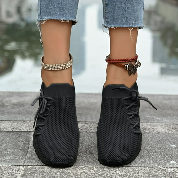 Sneakers for Women Soft Knitted Slip on Shoes Lace-up Flat Sports Workout Shoes Sneakers for Hiking Running Black 7
