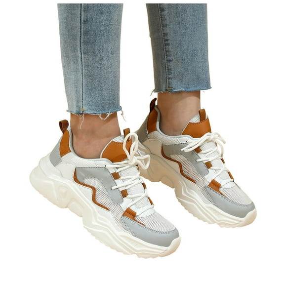 Sneakers for Women Trendy Color Block Breathable Mesh Running Shoes Casual Lace up Platform Athletic Tennis Shoes Coffee Size 8