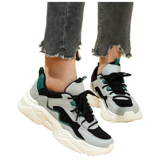 Sneakers for Women Trendy Color Block Breathable Mesh Running Shoes Casual Lace up Platform Athletic Tennis Shoes Green Size 10