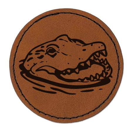 Sneaky Alligator Head Sticking Out Water Swamp Round Iron-On Engraved Faux Leather Patch Applique - 2.5 Inch - Brown