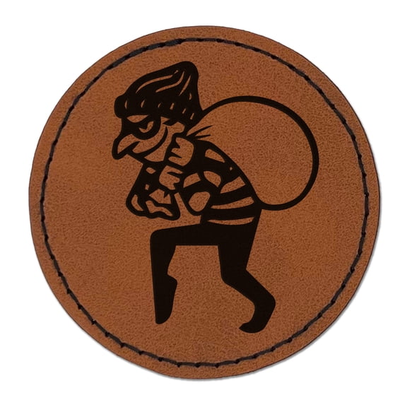 Sneaky Thief Robber with Sack 2.5" Faux Leather Round Engraved Iron-On Patch - Brown