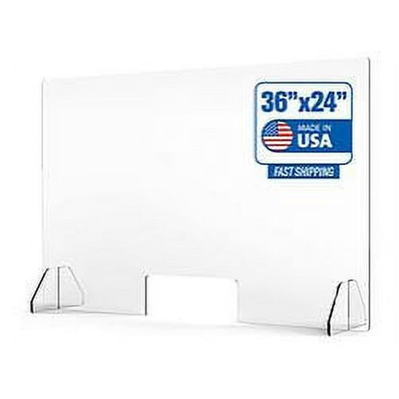 Sneeze Guard Acrylic Desk Shield - 36" x 24" - Made in the USA - Easy installation.  Pass through window (3" x 11"). Perfect for Countertops and Offices.
