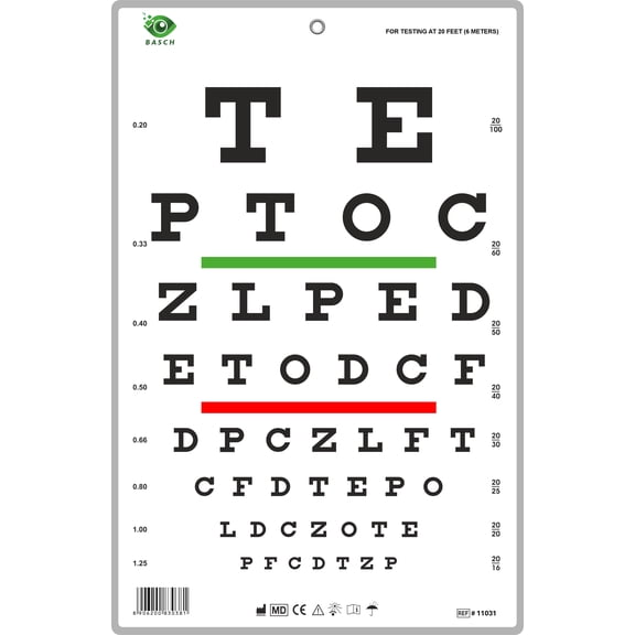 BASCH Snellen Chart with Red Green Bar Visual Acuity Test 6m / 20ft