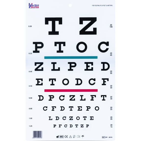 Snellen Chart with Red Green Bar Visual Acuity Test 6m / 20ft