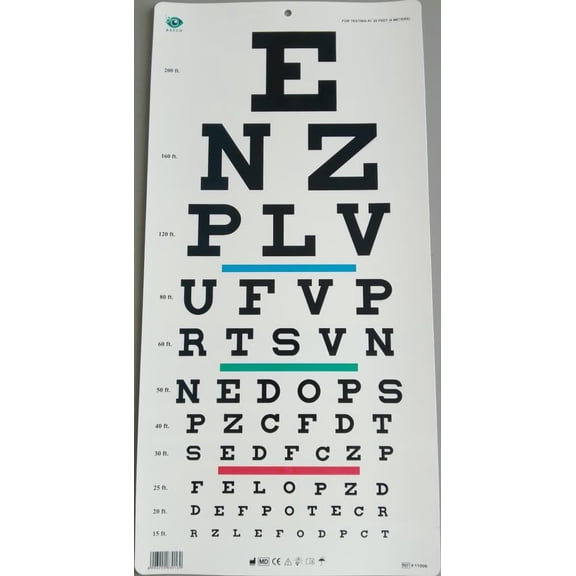 BASCH Snellen Chart with Red Green Bar Visual Acuity Test 6m / 20ft