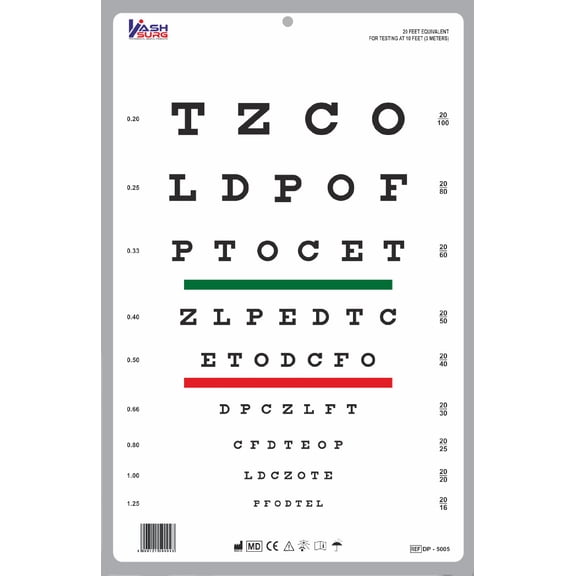 Snellen Chart with Red and Green Bar Visual Acuity Test 3m / 10 Feet
