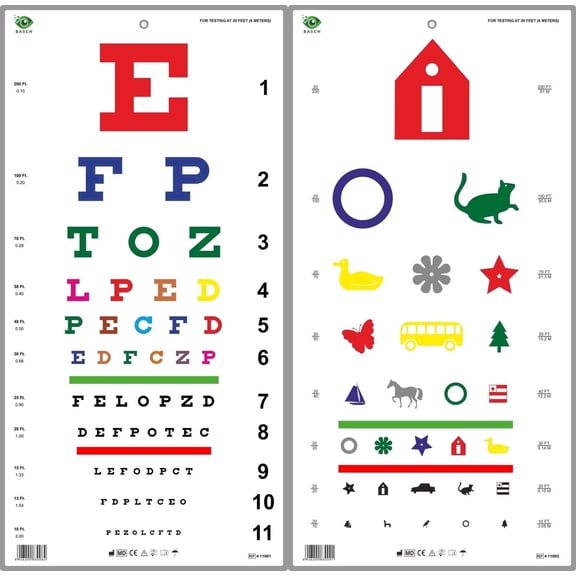 Snellen Traditional & Kindergarten Color Visual Acuity Chart Combo