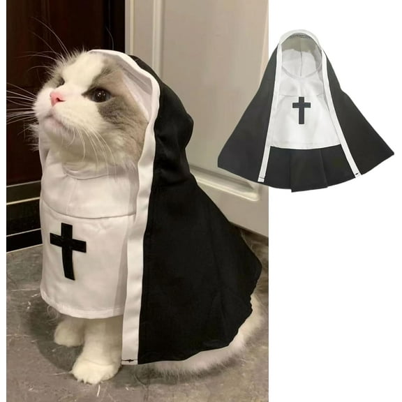 Snfy Cat Costume Nun Dress- Funny Halloween Cloak Outfit for Small Medium Dogs, Cosplay Apparel for Photoshoots Parties Social Media, Adorable Pet Clothing-S