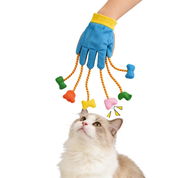 Snfy Five-Fingers Cat Teaser Glove Interactive Plush Toy  for Indoor Cat Play and Exercise, IQ Improving Pet Supplies with Bell Cats Glove Toy Plush Toys for Pets
