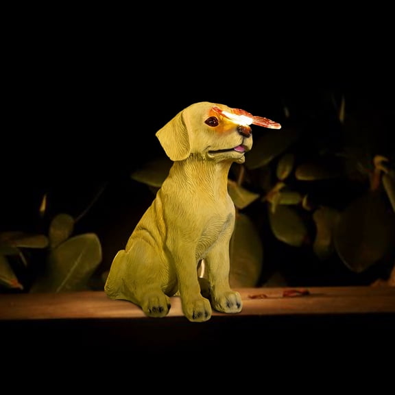 Snfy Solar Dog Garden Statue with Butterfly 9.4in Outdoor Dog Figurine Light for Yard Patio Garden Decor, Cute Memorial Gift for Dog Lovers