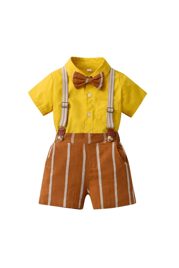 Baby Boy Clothes Gentleman Outfits Suits Summer Long Sleeve Bodysuit Shirts + Suspender(Gold,90)