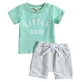 thumbnail image 1 of Sngxgn Baby Boy Summer Clothes Letter Contrast Short Sleeve T-shirt Top and Elastic Shorts 2 Pcs Set Toddler Infnat Outfit(Light Green,12-18 Months), 1 of 9