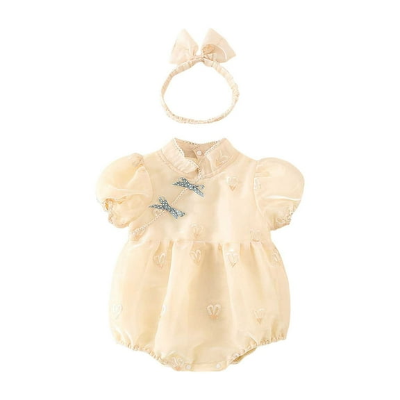 Sngxgn Baby Girl Romper Long Sleeve Jumpsuit Outfit Striped Ribbed Clothes for Girls(Beige,80)