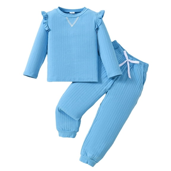 Sngxgn Baby Girl's 2pc Rib Long Sleeve Romper and Pant Set(Blue,3Y)