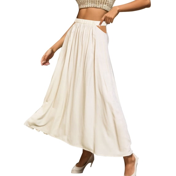 Sngxgn Basic Versatile Stretchy Elastic Waist Flared Casual Mini Skater Skirt/Pleated Skirt for Women(Beige,S)