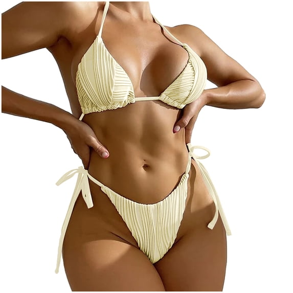 Sngxgn Bikini Set for Women Bathing Suit High Waisted V Neck Two Pieces Swimsuit(Yellow,L)