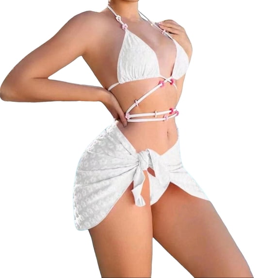 Sngxgn Bikini Set for Women Two Piece Swimsuit Back Tie Mid Waisted Bottom with Shoulder Straps(White,M)