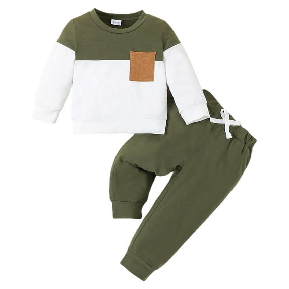 Sngxgn Boy's 2 Piece Outfits Solid Long Sleeve Sweatshirt and Pants Set(Green,9M)