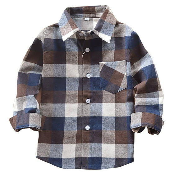 Sngxgn Boys Girls Flannel Plaid Shirt Jacket Long Sleeve Lapel Button Pocketed Shirts Regular Fit Casual Fall Coat(Grey,6-7 Y)