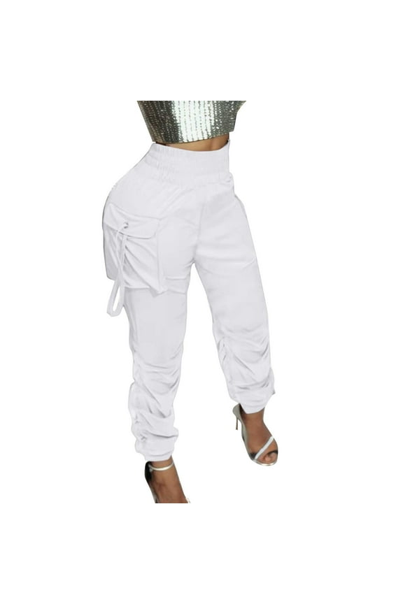 Cargo Pants, Cargo Pants Elastic High Waist Sports Street Style Multi Pocket Cargo Pants For Women(White,XL)