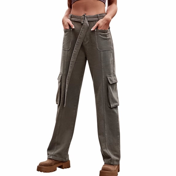 Sngxgn Cargo Pants for Women High Waisted Straight Leg Wide-Leg Full Length Baggy Street Pants for Women(Grey,XXL)