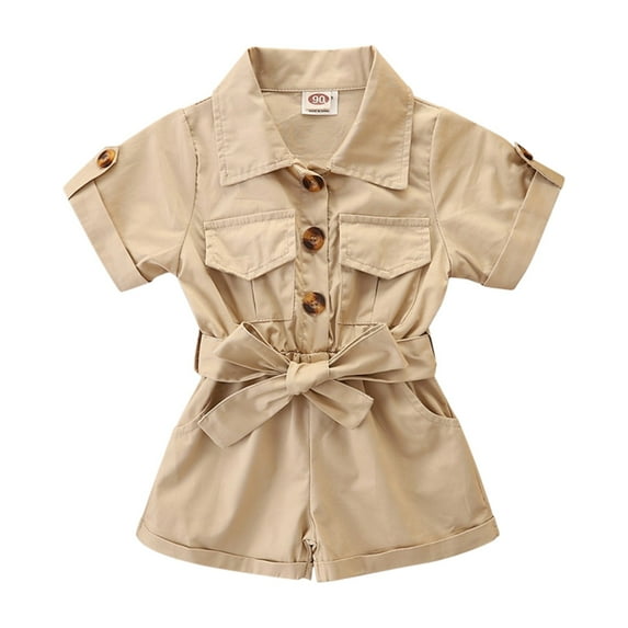 Sngxgn Girl's 2 Piece Outfits Button Front Long Sleeve and Shorts Set(Khaki,90)