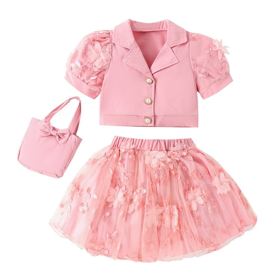 Sngxgn Girl's 2 Piece Outfits Half Sleeve Jacket and Ruffle Mini Skirt Set(Pink,7Y)