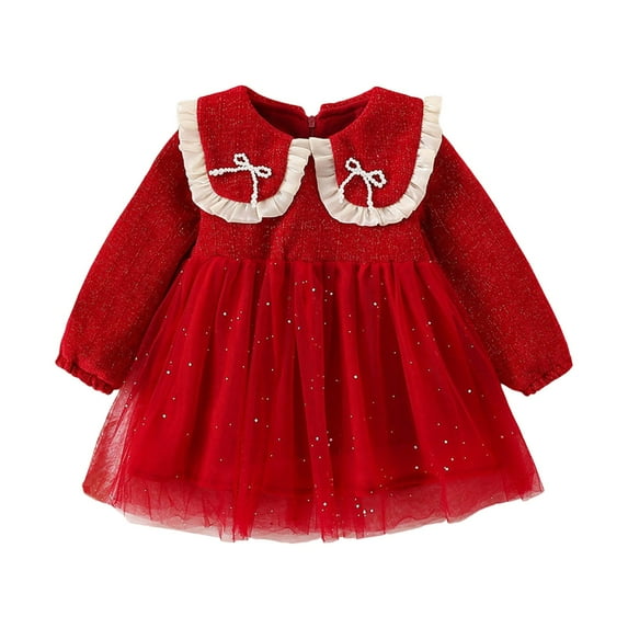 Sngxgn Girl's Puff Long Sleeve High Waist A Line Short Dress(Red,6)