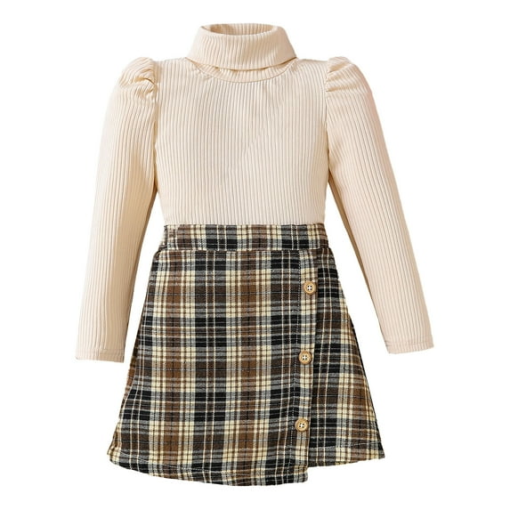 Sngxgn Girl's Skirt Outfits Long Sleeve Knitted Shirt Sweater Ruffle Trim Tshirt Tops & Mini Skirt Cute Clothes 2 Piece Set(Beige,120)