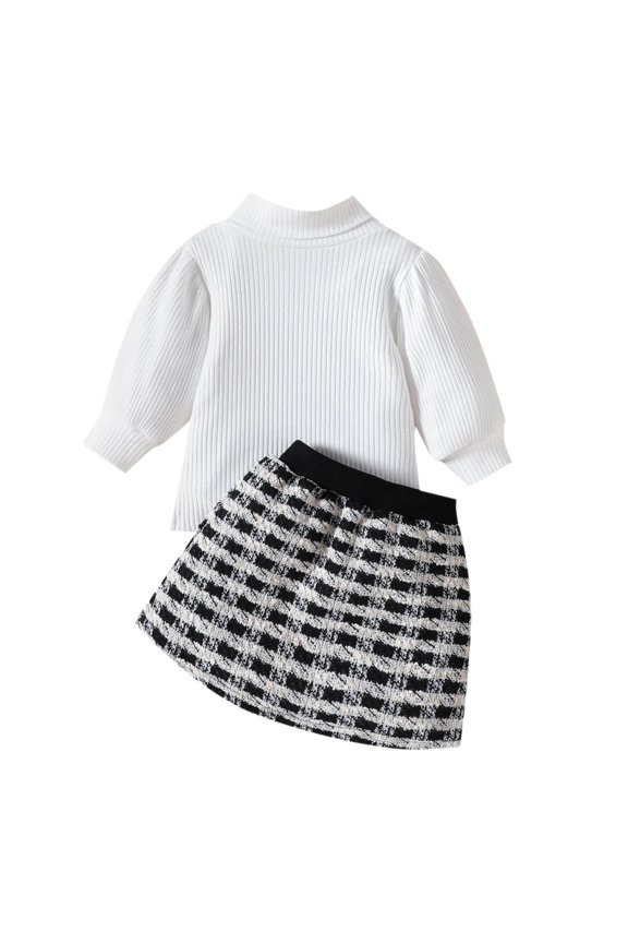 Girl's Skirt Outfits Long Sleeve Knitted Shirt Sweater Ruffle Trim Tshirt Tops & Mini Skirt Cute Clothes 2 Piece Set(Black,80)