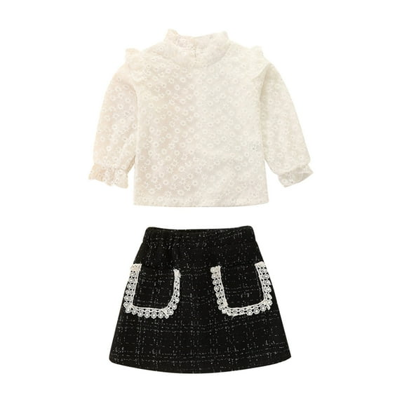 Sngxgn Girl's Skirt Outfits Mesh Puff Sleeve Tshirt Tops & Mini Skirt Design Cute Clothes 2 Piece Set(Black,130)