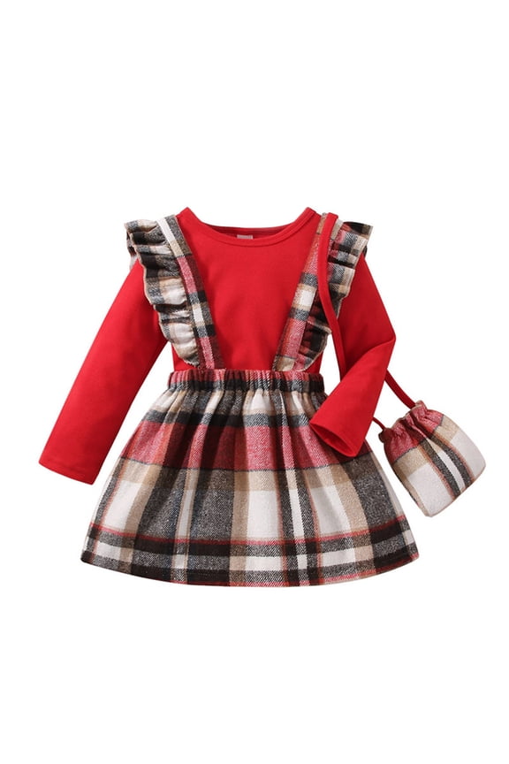 Girls 2 Piece Outfit Ruffle Trim Long Sleeve T Shirt and Short Skirt Set(Red,5Y)