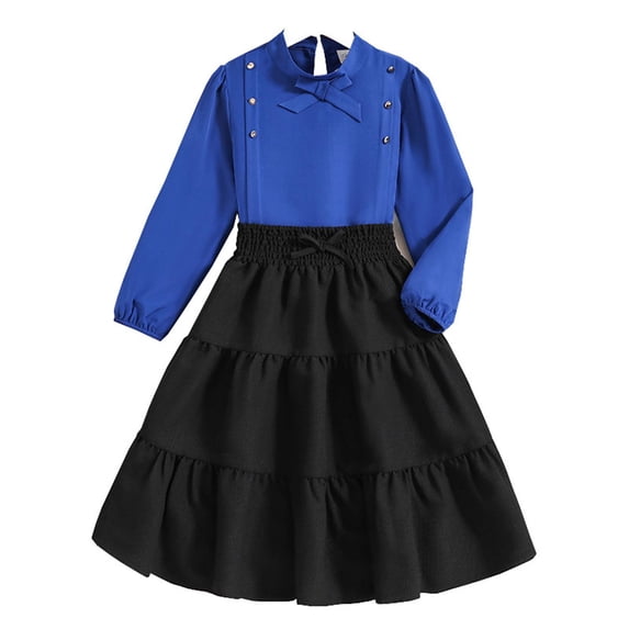 Sngxgn Girls 2 Piece Outfits Solid Long-sleeve Top and Button up Skirt Set(Blue,130)