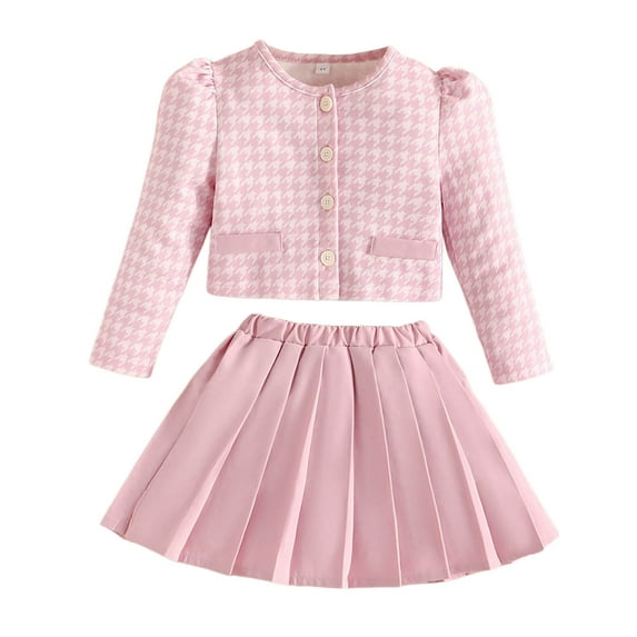 Sngxgn Girls 2 Piece Outfits Solid Long-sleeve Top and Button up Skirt Set(Pink,7Y)