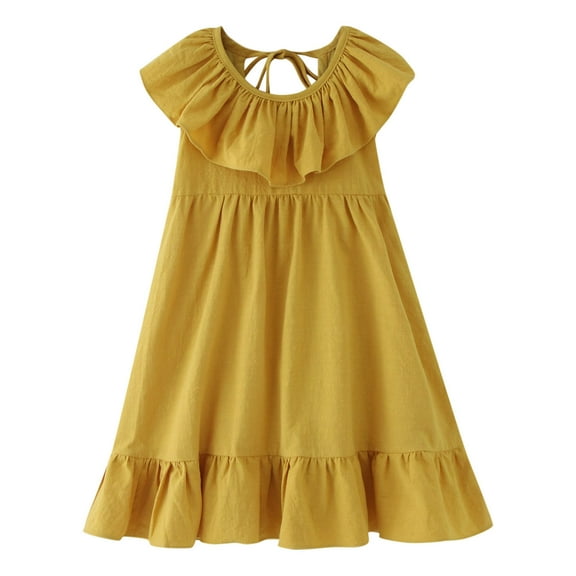 Sngxgn Girls Casual Floral Printed Elastic Crew Neck High Waist Ruffle Sleeve Dress(Yellow,80)