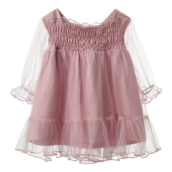 Sngxgn Girls Dress Short Sleeve Solid Color A-Line Tiered Swing Dress(Pink,90)