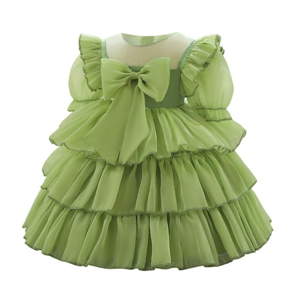 Sngxgn Girls Dresses Casual A-line Ruffled Button Long Sleeve Swing Dress(Green,80)