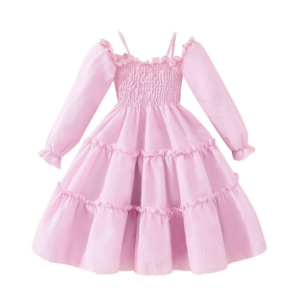 Sngxgn Girls Dresses Casual A-line Ruffled Button Long Sleeve Swing Dress(Pink,3Y)