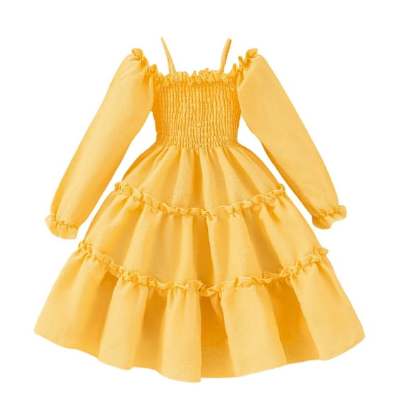 Sngxgn Girls Dresses Long Sleeve V Neck Ruffle Tiered Casual Party Dress(Yellow,7Y)
